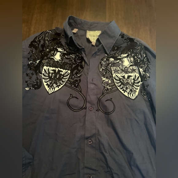Roar Sentinel Shirt Mens L  Blue Black Embroidered Western Button Up - Picture 6 of 10
